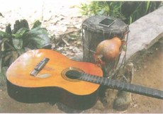 Mbaraka (violão guarani) ao lado de outros instrumentos indígenas